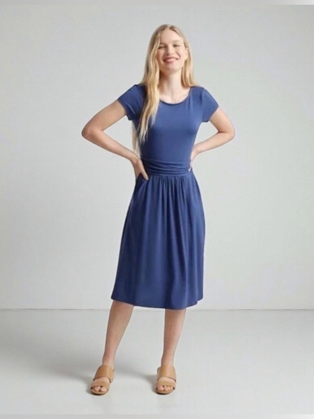 NWT Quince Tencel Jersey Ruched Waist Dress in Navy